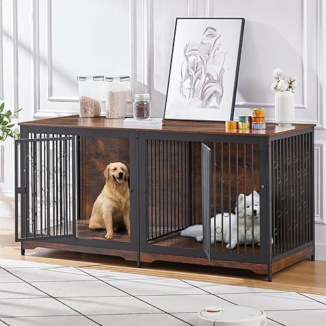 71'' Dog Crate Furniture for 2 Large Medium Dogs, XXL Wooden Indoor Double Crate Kennel Cage Large Breed with Door, TV Stand End Table with Divider, No Cushion,Brown